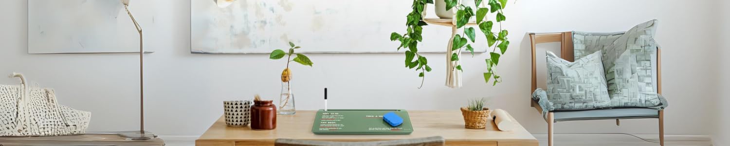 Birch Essentials Moss glass desk whiteboard on a styled wooden desk