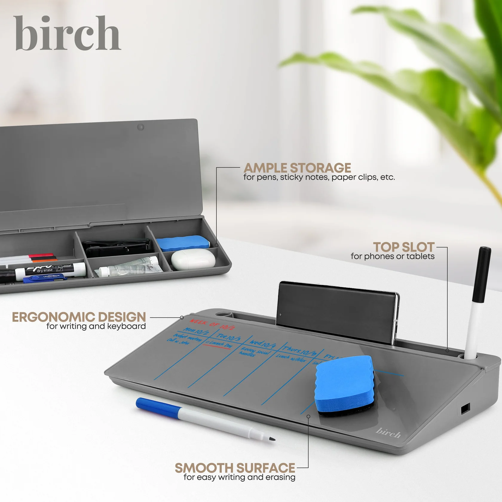 Birch glass desk whiteboard in Charcoal with storage compartment, top slot, ergonomic design and smooth writing surface